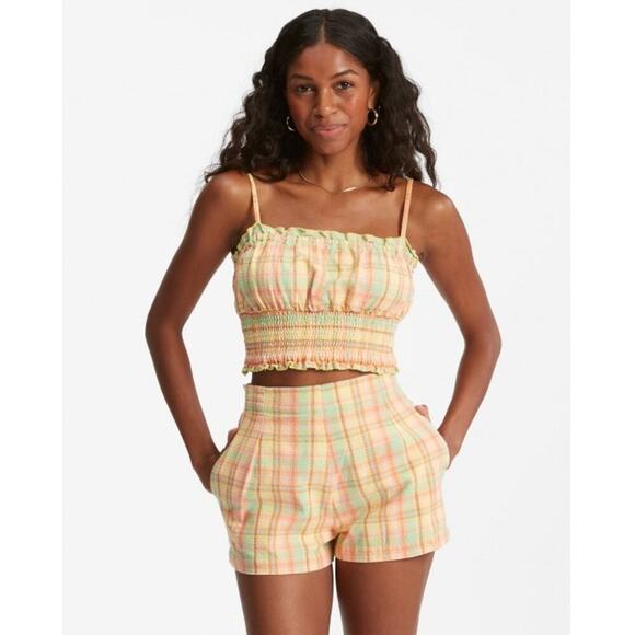 Billabong Pink Yellow Orange Green Plaid Set Me Up Cropped Summer Cami Size S - Picture 2 of 9